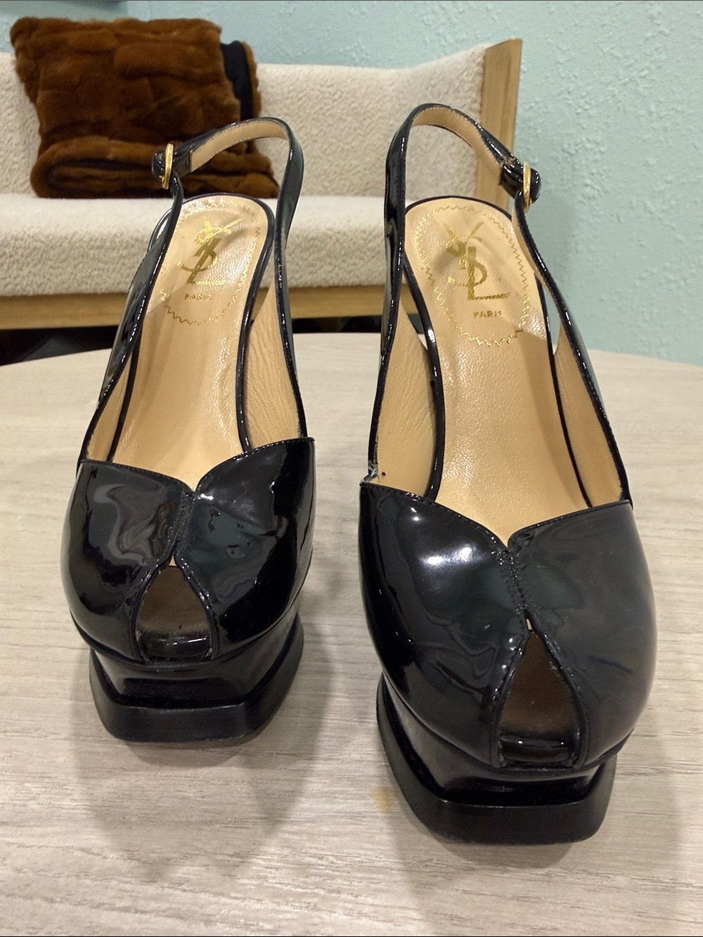 Saint Laurent Black Patent Peep-Toe Slingback Platform Heels
